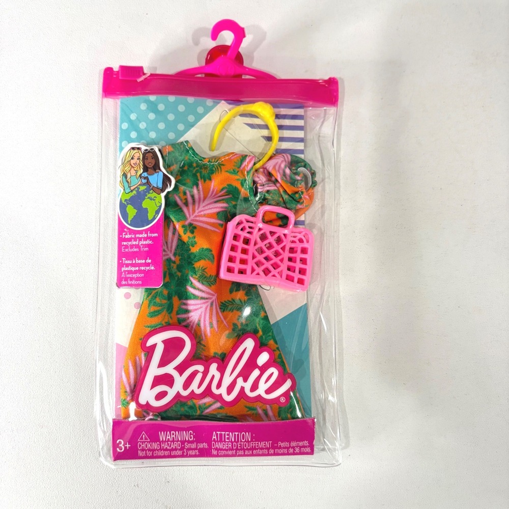 Barbie Fashion Pack Tropical Floral Dress Pink Bag Scrunchie GWC27 HBV32 NEW